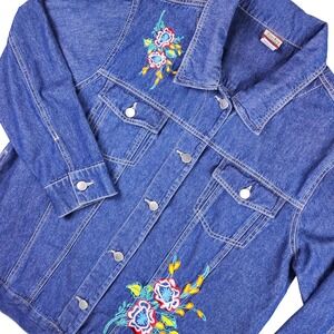 VTG Denim Jacket Shacket Womens Large Blue Floral Embroidered Grannycore Cottage